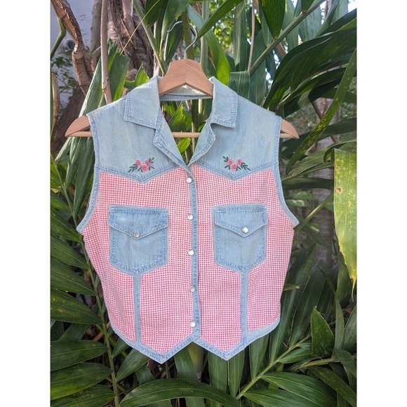 Tangibles Jackets & Blazers - vintage 90s denim vest M gingham pink flower embroidery 100% Cotton boho country